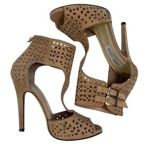 Jimmy Choo Peach Pink‎ Laser Cut Suede Peep Toe Heeled Sandals Women's Size 36.5
